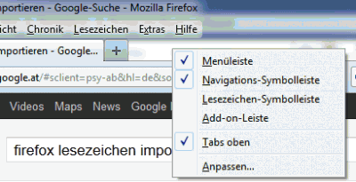 Firefox-lesezeichen - Menü