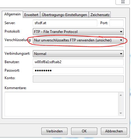 Verschlüsselung: Nur unverschlüsselte FTP verwenden 