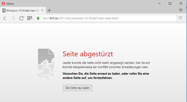 Opera Browser Seite abgestürzt